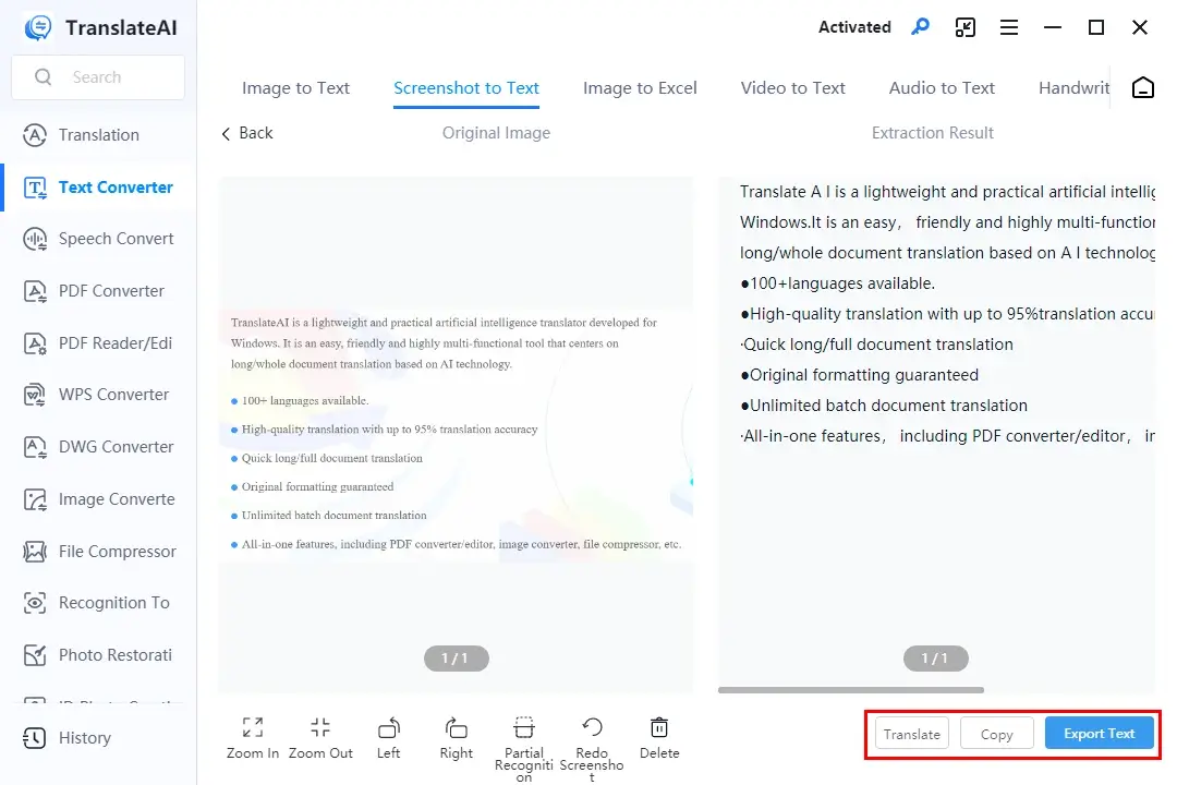 how to convert screenshot to text in translateai 2