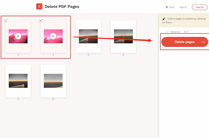select pages to delete by clicking